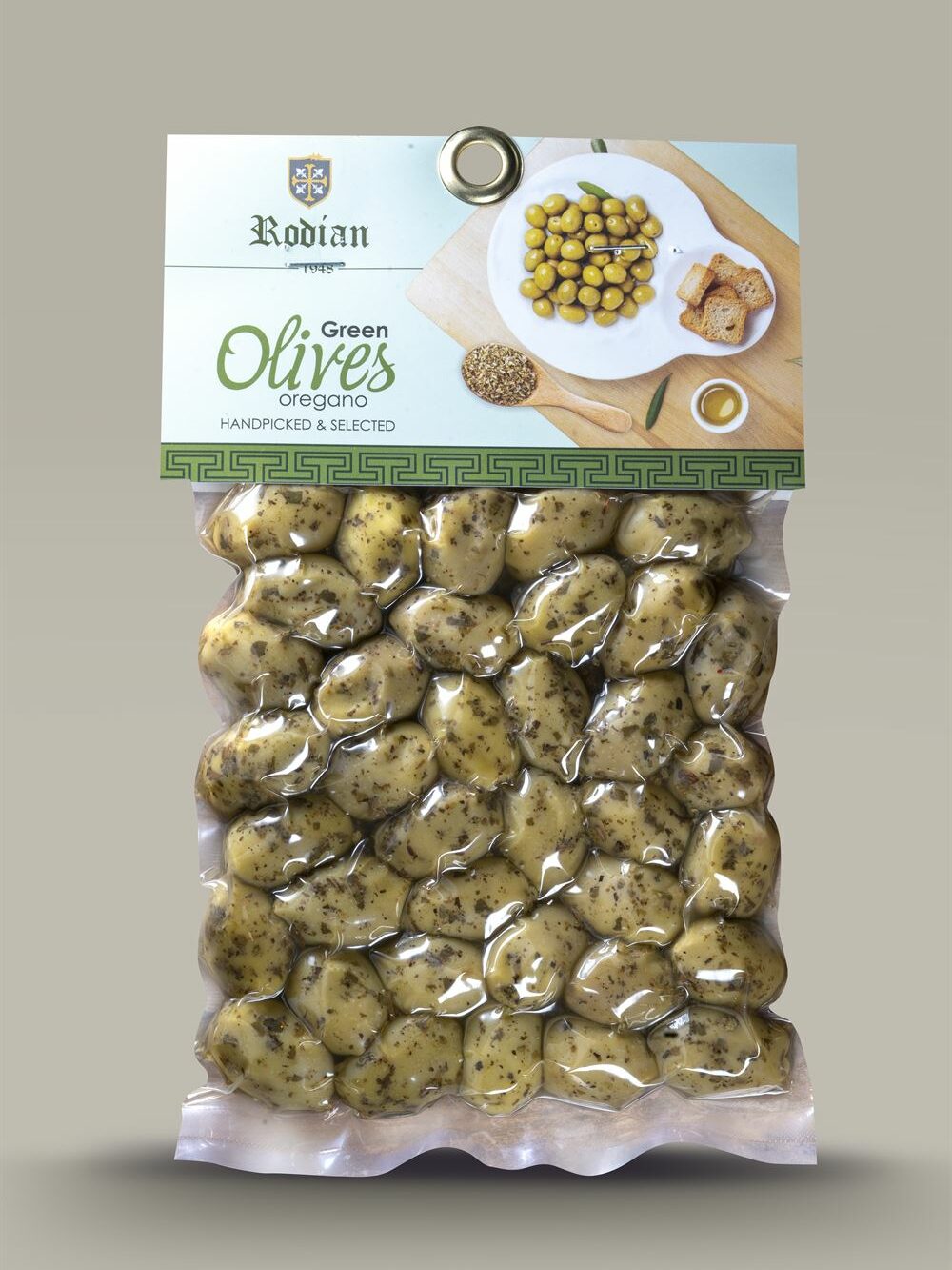 Green Olives with oregano in vacuum - The best olive in Rhodes